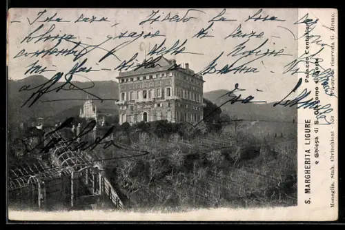 AK S. Margherita Ligure, Vista del grande edificio sulla collina con giardino in primo piano