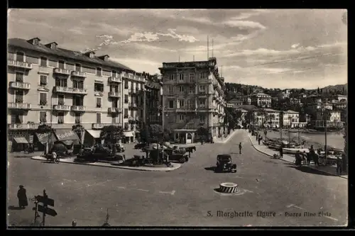AK S. Margherita Ligure, Piazza Nino Bixio con automobili e vista sul mare