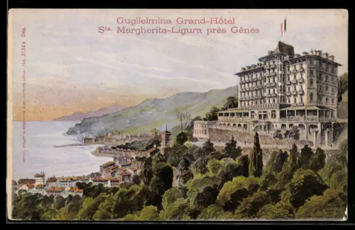 Künstler-AK Santa Margherita Ligure, Grand Hôtel Guglielmina con vista mare e colline liguri
