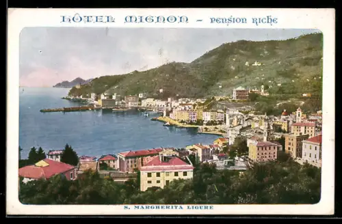 AK S. Margherita Ligure, Vista panoramica sul mare e sulla città con Hôtel Mignon in primo piano