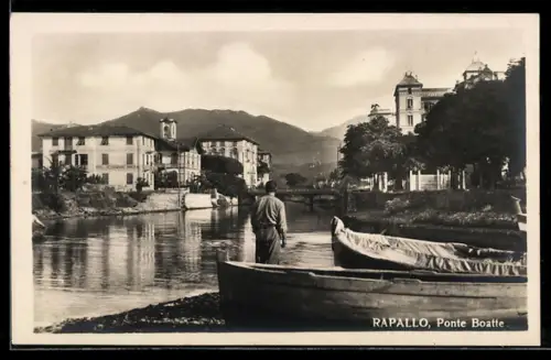 AK Rapallo, Ponte Boatte con barche sul fiume e vista sulle montagne, Hotel Minerva