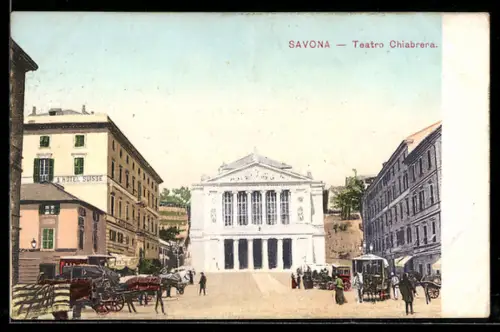 AK Savona, Teatro Chiabrera con carrozze e passanti sulla piazza
