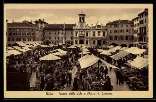 AK Udine, Piazza delle Erbe e Chiesa S. Giacomo con vivace mercato sotto le tende