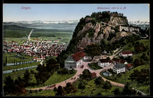 AK Singen, Hohentwiel, Ortsansicht aus der Vogelschau