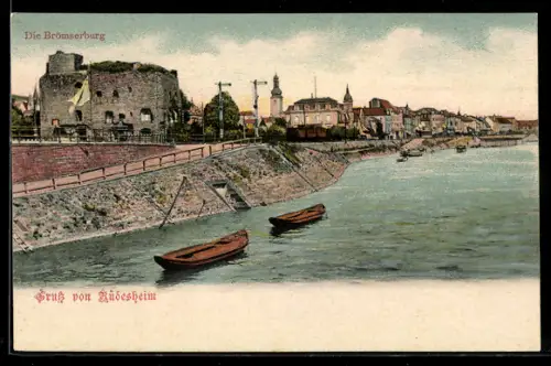 AK Rüdesheim, Brömserburg, Uferpromenade, Boote