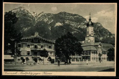 AK Garmisch, Marktplatz, Hotel Post, Apotheke, Pfarrkirche