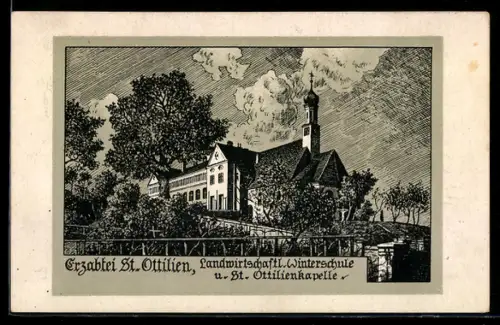 AK St. Ottilien, Erzabtei, Landwirtschaftliche Winterschule, St. Ottilienkapelle