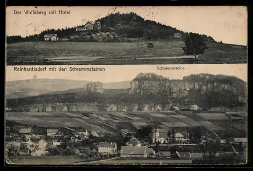 AK Reinhardtsdorf /Sächs. Schweiz, Wolfsberg mit Hotel, Schrammsteine