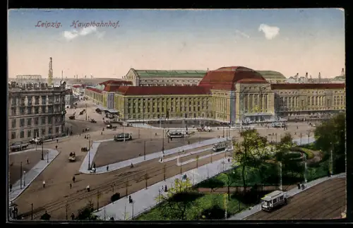 AK Leipzig, Blick zum Hauptbahnhof, Strassenbahn