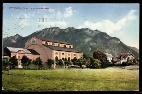 AK Oberammergau, Passionstheater mit Bergpanorama