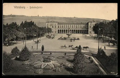 AK Würzburg, Bahnhofplatz mit Springbrunnen
