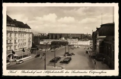 AK Kiel, Bahnhof, Abfahrtsstelle Seedienst Ostpreussen, Hansa Hotel