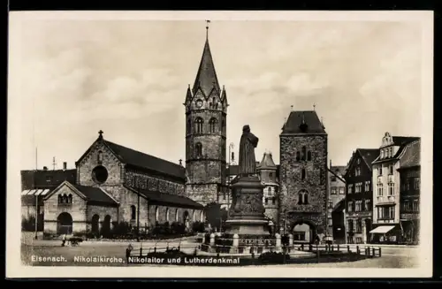 AK Eisenach, Nikolaikirche, Nikolaitor und Lutherdenkmal