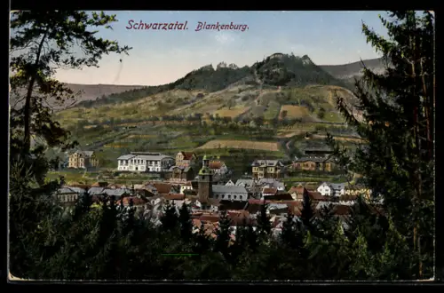 AK Blankenburg /Schwarzatal, Ortsansicht mit Hügel und umliegender Landschaft