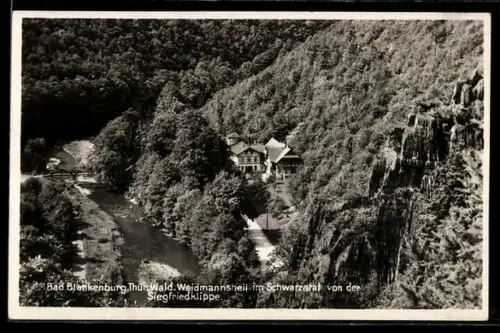 AK Bad Blankenburg /Thür. Wald, Weidmannsheil im Schwarzatal, gesehen von der Siegfriedklippe