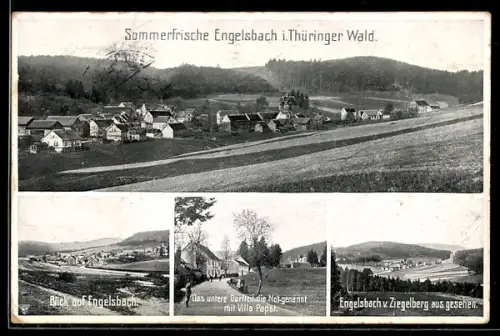 AK Engelsbach i. Thüringer Wald, Blick auf Engelsbach, unteres Dorfteil mit Villa Papst, Ziegelbergansicht