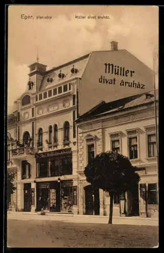 AK Eger, plac-utca, Müller divat áruház