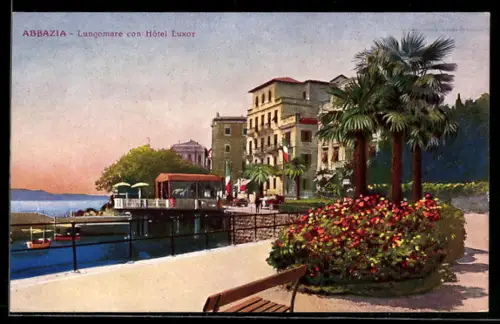 AK Abbazia, Lungomare con Hotel Luxor, Palmen am Ufer