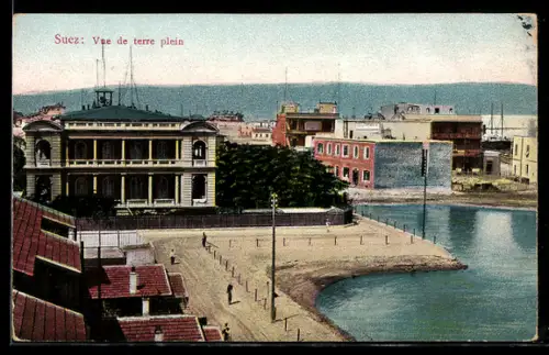 AK Suez, Ortspartie am Quai aus der Vogelschau