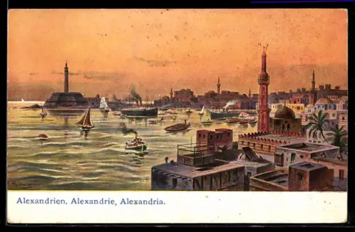 Künstler-AK Alexandria / Alexandrie, Ortsansicht an der Küste, Boote