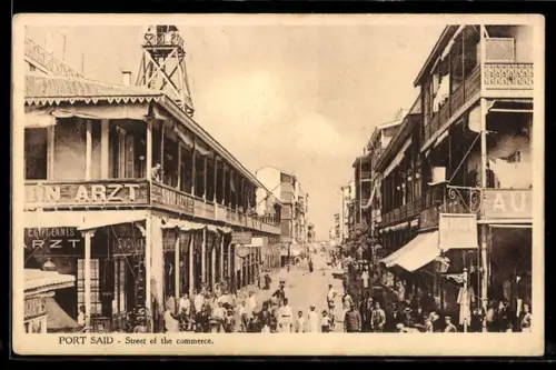 AK Port Said, Street of the commerce, Strassenszene mit Geschäft von Simon Arzt