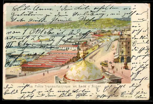 Lithographie Alger, La Flotte Tranatlantique en Rade d`Alger