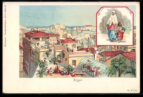 Lithographie Alger, Ortsansicht mit Mittelmeer, Frau und Kind in typischer Kleidung