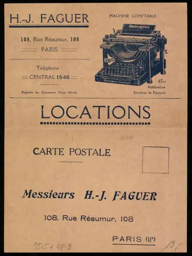 AK Paris, H.-J. Faguer, Machine Comptable, Rue Réaumur 108, Schreibmaschine