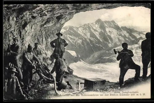AK Jungfraubahn, Arbeiter mit der Bohrmaschine bei der Station Eismeer