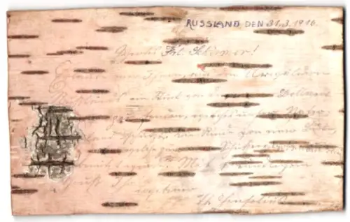 Holz-AK Feldpostbrief eines in Russland stationierten Soldaten aus dem Jahr 1916 auf Birkenrinde