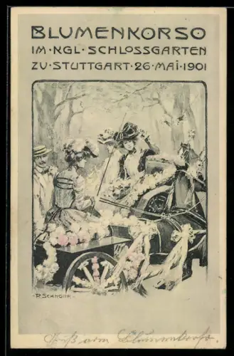 AK Ganzsache PP11 C50 /01: Stuttgart, Blumenkorso im Kgl. Schlossgarten 1901, Geschmückte Kutsche