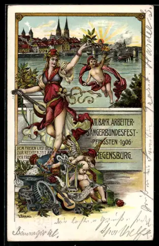 AK Ganzsache PP15 C122: Regensburg, VII. Bayr. Arbeiter-Sängerbundesfest 1906, Engel mit Instrumenten vor der Stadt