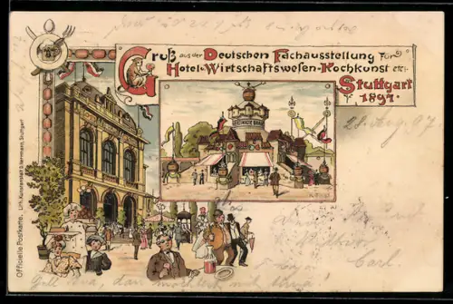 Lithographie Ganzsache PP11 C26 /01: Stuttgart, Fachausstellung f. Hotel- und Wirtschaftswesen-Kochkunst 1897, Brauerei
