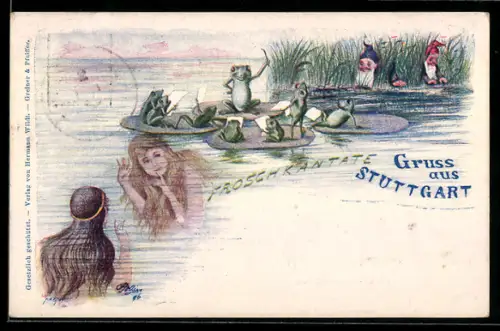 AK Ganzsache PP11 E9: Stuttgart, Frösche bei gemeinsamen Gesang auf Seerosenblättern, Nixen und Zwerge