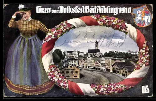 AK Ganzsache PP15 C183: Bad Aibling, Volksfest im September 1910, Strassenpartie, Frau in Tracht, Wappen