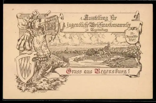 Lithographie Regensburg, 1. Ausstellung für jugendliche Briefmarkensammler 1907, Ganzsache Bayern