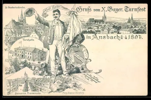Lithographie Ansbach /Bayern, X. Bayer. Turnfest 1897, Turner, Turnhalle u. Promenade, Ganzsache Bayern
