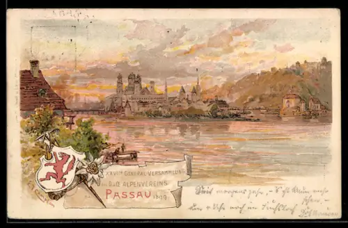 Lithographie Passau, 26. General-Versammlung des Alpenvereins 1899, Panorama, Wappen, Ganzsache Bayern