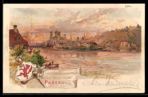 Lithographie Passau, 26. General-Versammlung des Alpenvereins 1899, Panorama, Wappen, Ganzsache Bayern