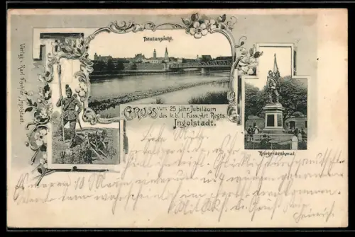 AK Ingolstadt, 25-jähriges Jubiläum des k. b. I. Fuss-Art. Regts., Kriegerdenkmal, Ganzsache Bayern