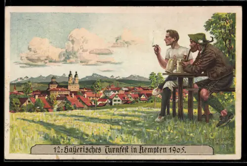 Künstler-AK Kempten, 12. Bayerisches Turnfest 1905, Turner beim Rauchen, Ganzsache Bayern