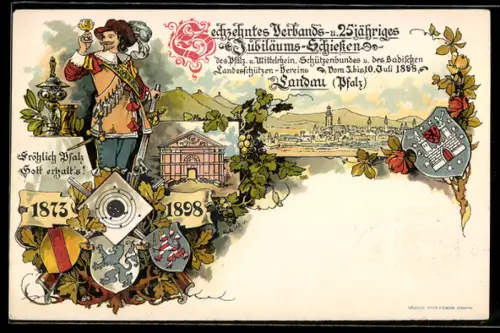 Lithographie Landau /Pfalz, 16. Verbands- u. 25 jähriges Jubiläums-Schiessen 1898, Ganzsache Bayern