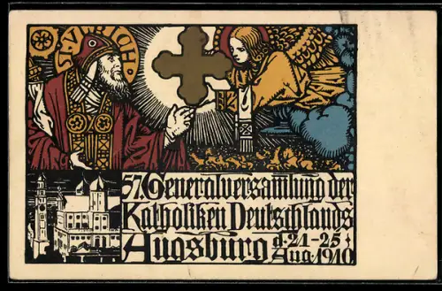 Künstler-AK Ganzsache PP15 C182: Augsburg, 57. Generalversammlung der Katholiken Deutschlands 1910, St. Ulrich und Engel
