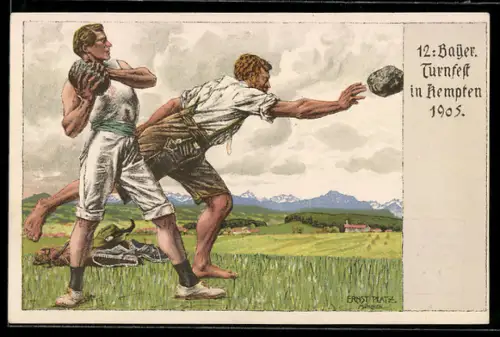 Künstler-AK Kempten, 12. Bayerisches Tunfest 1905, Sportler werfen Steine, Ganzsache Bayern