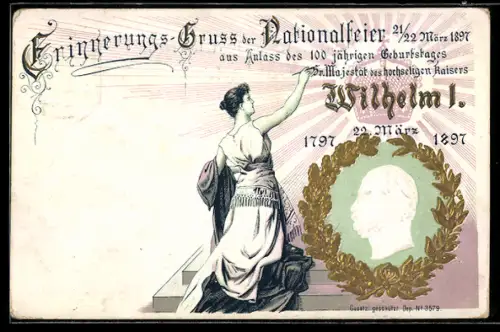 Lithographie Ganzsache PP10 C13 /01: Kaiser Wilhelm I., zum 100. Geburtstag am 22. März 1897, Ganzsache Bayern