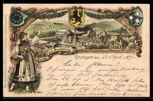 Lithographie Stuttgart, Ausstellung 1897, Dame in Tracht, Wappen, Ganzsache Württemberg