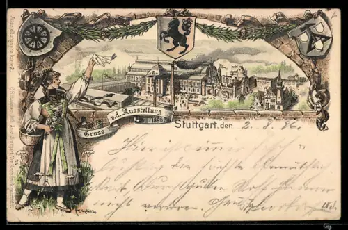 Lithographie Stuttgart, Ausstellung 1896, Messegelände und Stadtwappen, Winkende Dame in Tracht, Ganzsache Württemberg