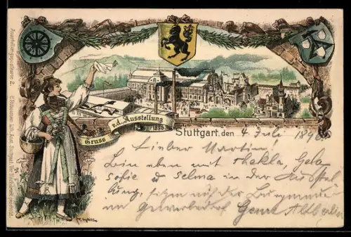 Lithographie Stuttgart, Ausstellung 1896, Ausstellungsgelände, Frau in Tracht, Ganzsache Württemberg