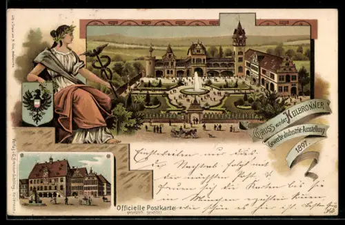 Lithographie Heilbronn, Gewerbe- u. Industrie-Ausstellung 1897, Kurhaus, Germania, Ganzsache Württemberg