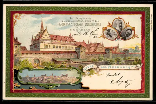 Lithographie Nürnberg, 50 jähriges Jubiläum des Germanischen Museums, Teilansicht, Wilhelm II., Ganzsache Bayern